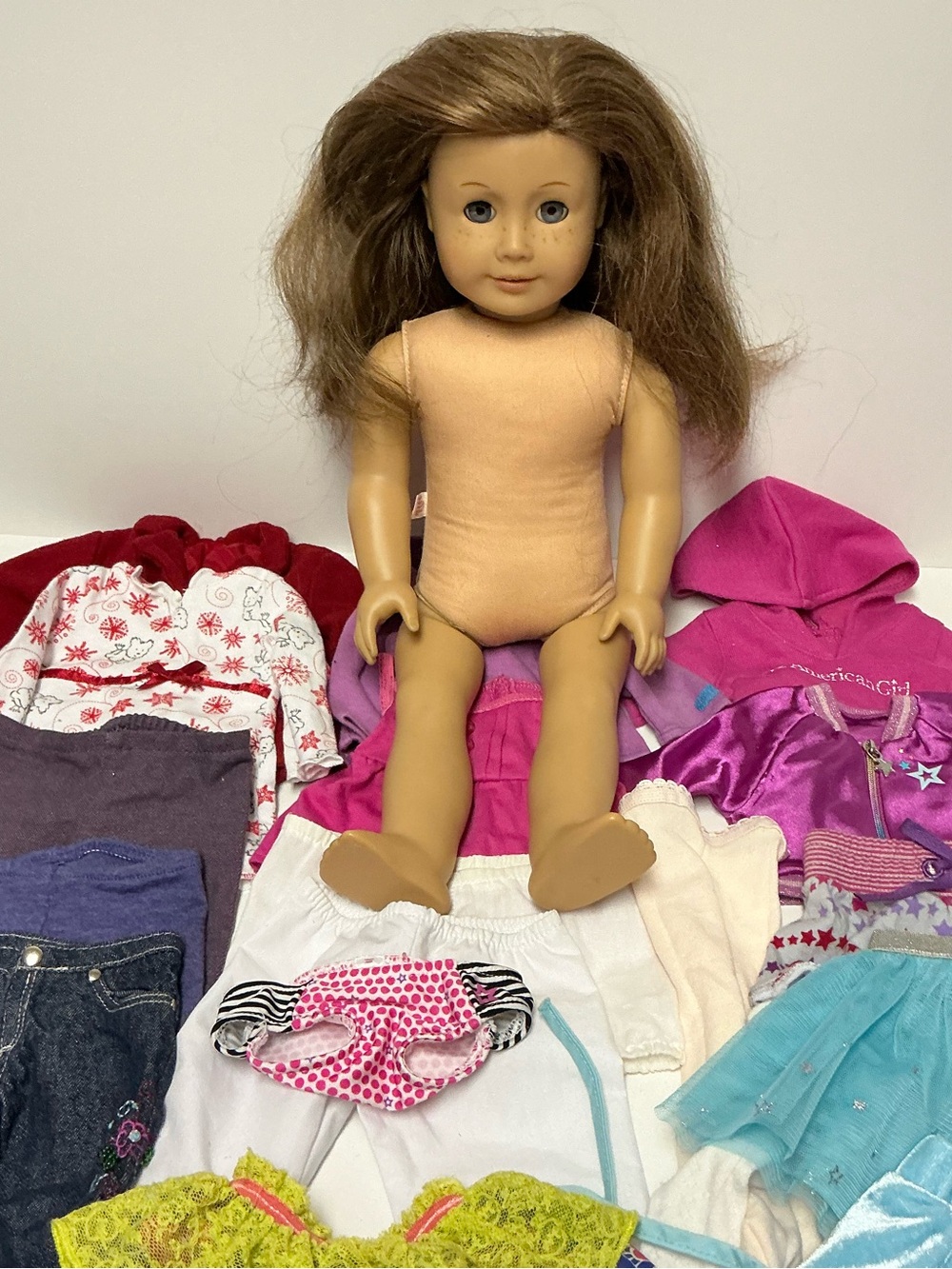 American Girl Doll Blue Eyes Freckles Clothing Pants Tops Tights Skirts TLC LOT